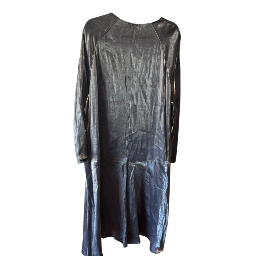 H&M Metallic Gray Silver Shimmer Long Sleeve V Neck Peasant Midi Dress - Picture 5 of 7